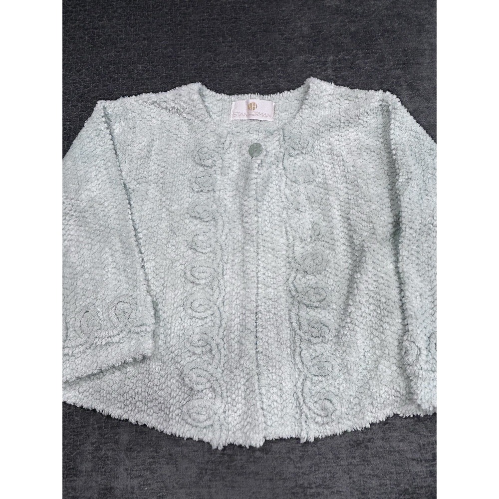 VTG STANHERMAN Womens Cardigan Chenille Crop Large Mint Green Preppy Barbie